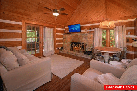 Rustic Cabin with Stone Fireplace and TV - Mountain Moonlight