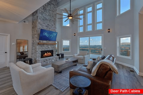 Stacked stone fireplace in 5 bedroom cabin - A Castle in the Clouds