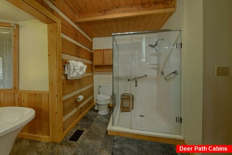 Master bath with glass shower in cabin rental - Dogwood Acre